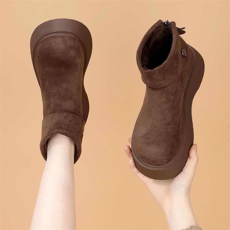 磨砂皮厚底短靴女2024冬季新款小个子增高百搭洋气松糕底加绒棉鞋