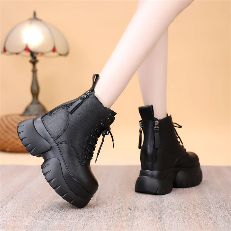 2024秋冬10CM厚底内增高短靴小个子松糕超高跟轻便百搭真皮马丁靴