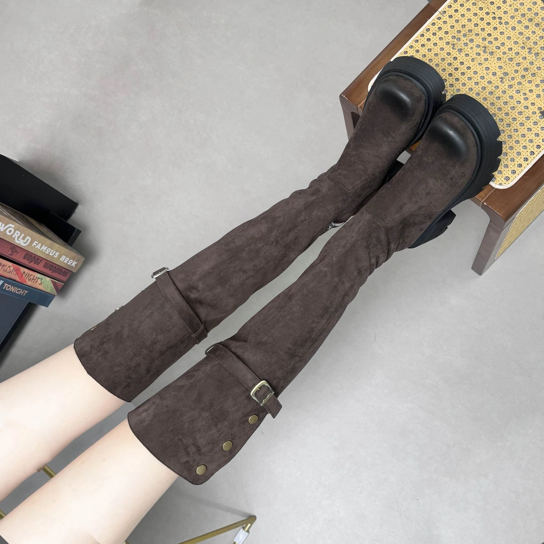 过膝长靴女厚底弹力靴两穿秋冬粗跟绒面时装女靴复古瘦瘦靴骑士靴