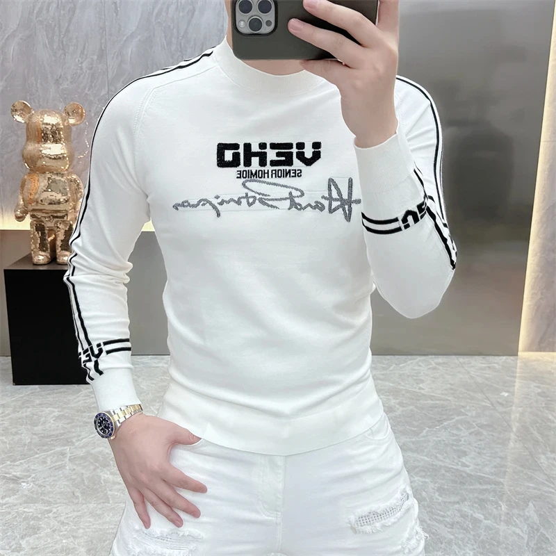 轻奢欧货男士圆领针织衫时尚毛巾绣长袖2024秋季新款