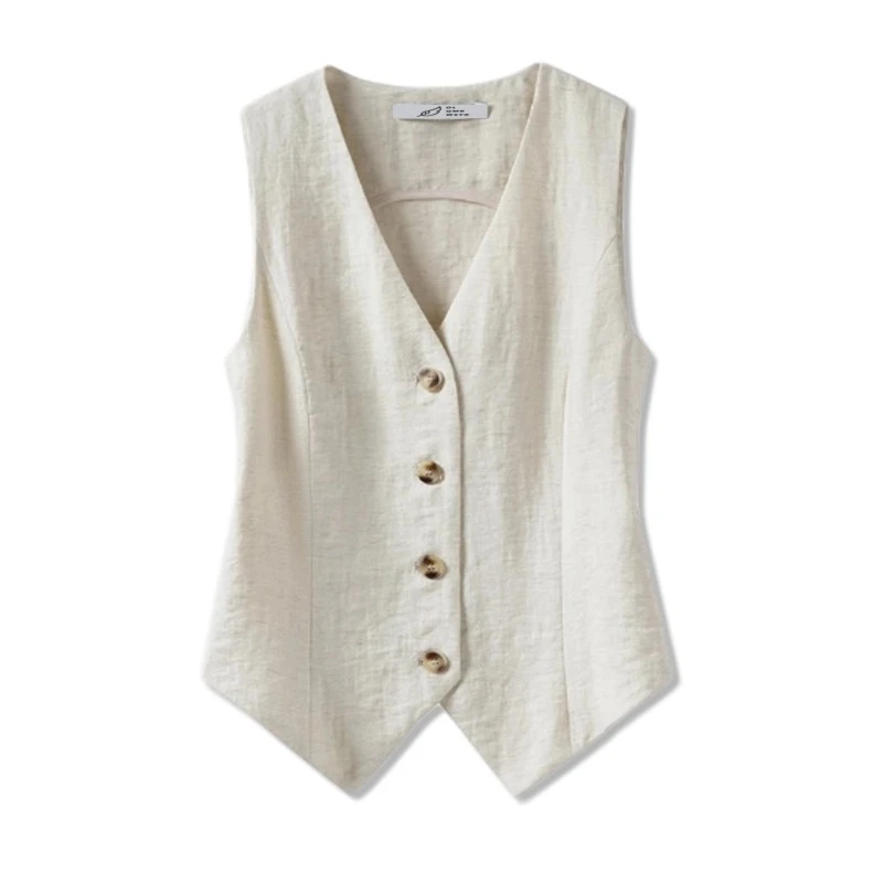 气质亚麻时尚坎肩修身薄款西装马甲女2025夏背心简约通勤马夹1506