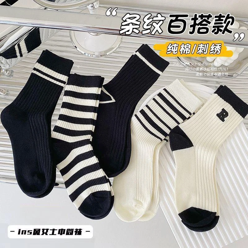 春秋条纹字母袜子女夏学院风黑白刺绣高筒袜运动风学生潮流情侣袜