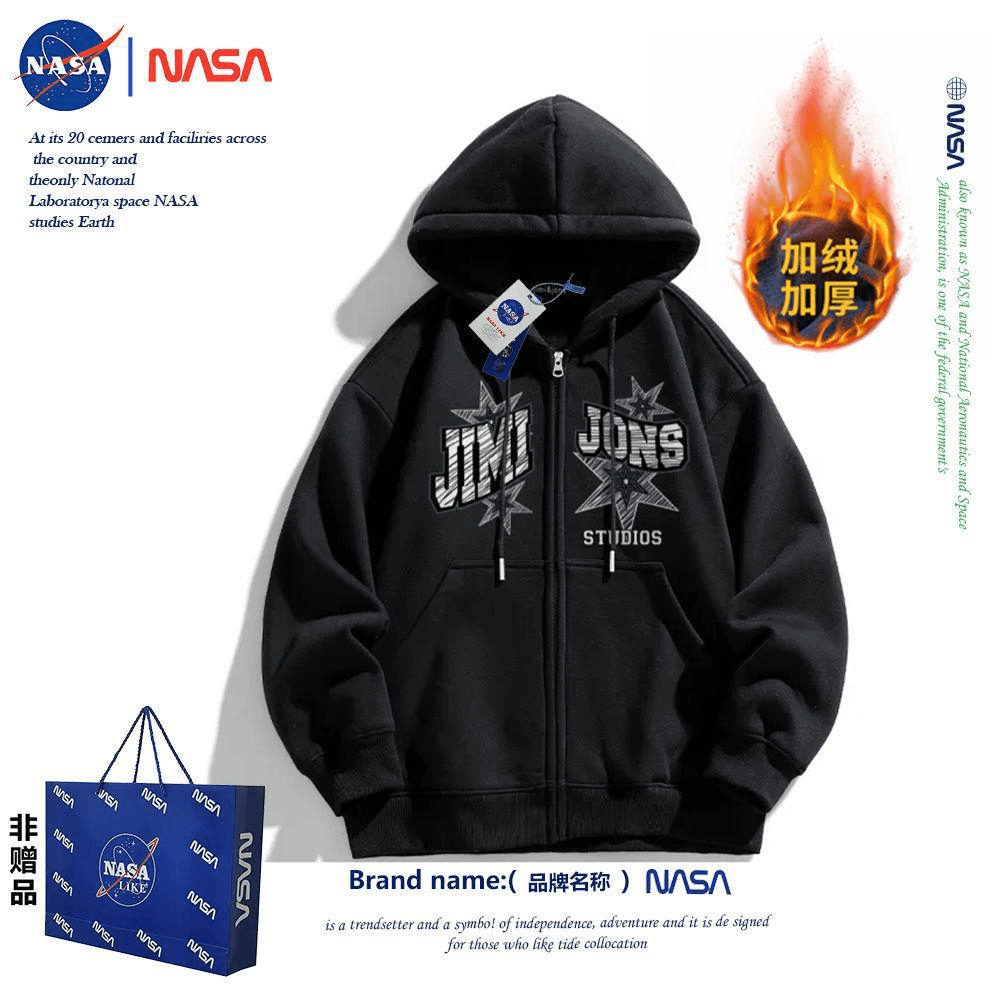 NASA联名精棉美式加绒厚开衫连帽卫衣男冬季高街重磅宽松情侣外套