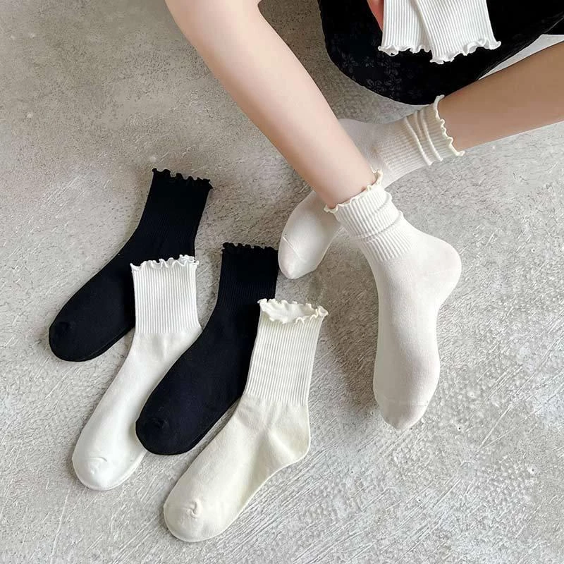 日系木耳边秋冬白色堆堆袜女中筒jk袜子日系可爱花边百搭黑色长袜