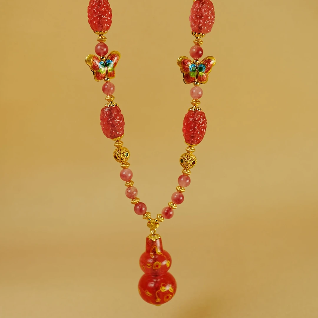 黄铜石英石项链 【桃灼】粉金红葫芦国风长链设计款毛衣链时尚百搭