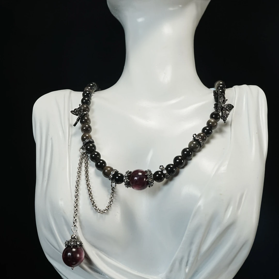 铜合金项链 【桃灼原创】银耀紫辉黑色系项链酷飒风