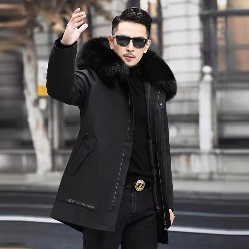 2023新品男士狐狸毛领派克服中长款冬季保暖可脱卸加厚休闲时尚