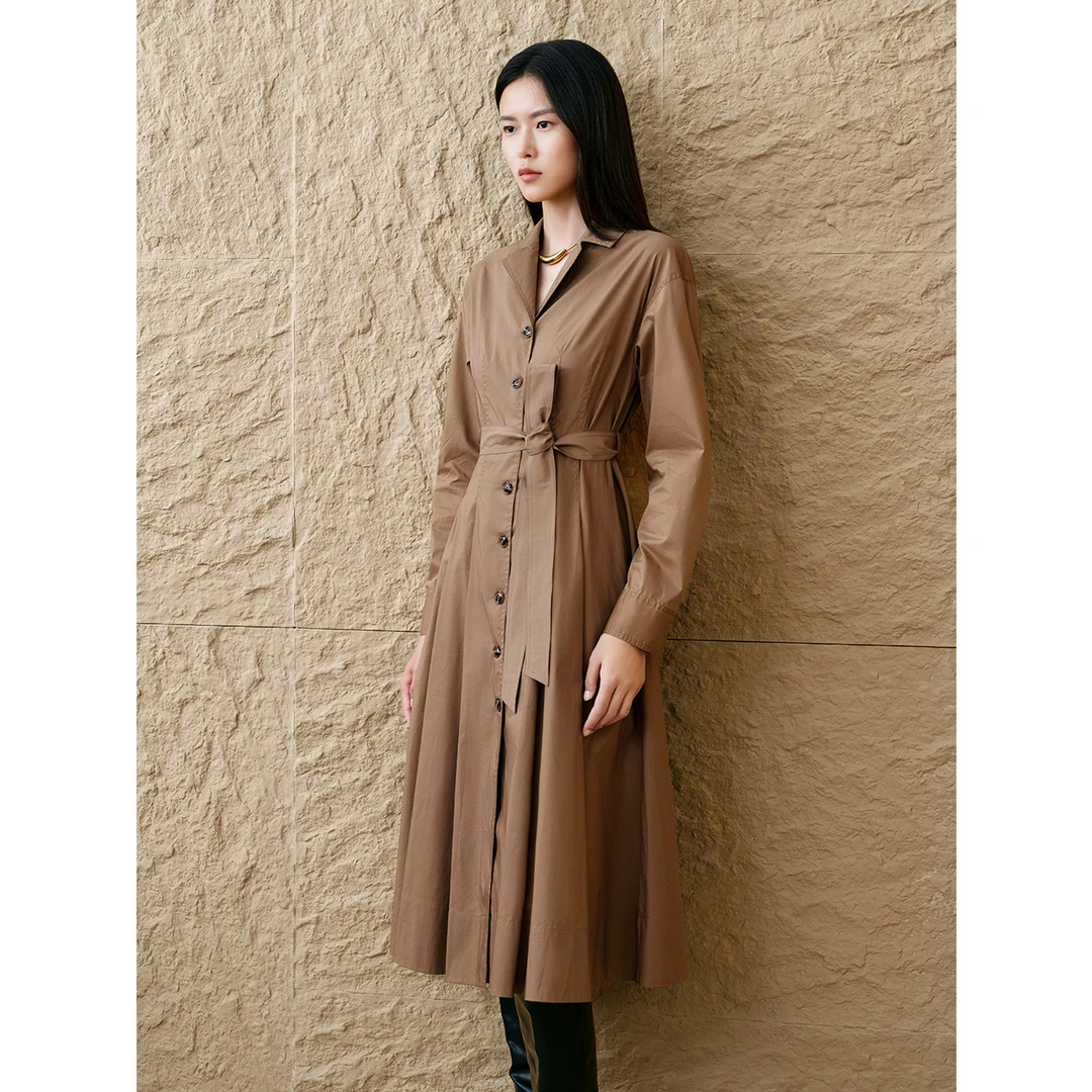 INSUN恩裳25春季新款风衣式气质显瘦中长款系带连衣裙9C65105050