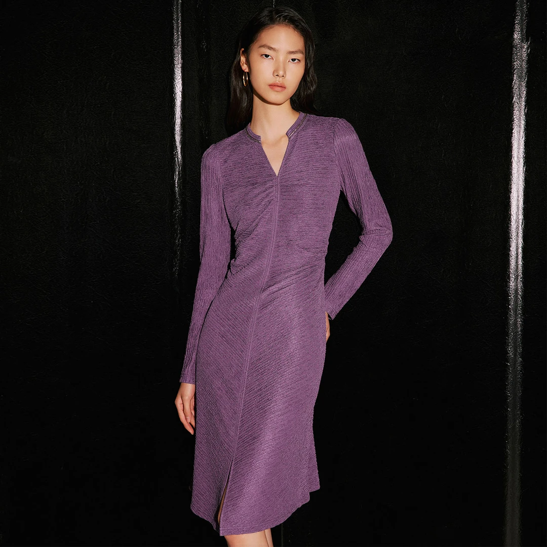 COVERINS秋季拼接链条装饰倒褶收腰显瘦优雅气质连衣裙CC33360130