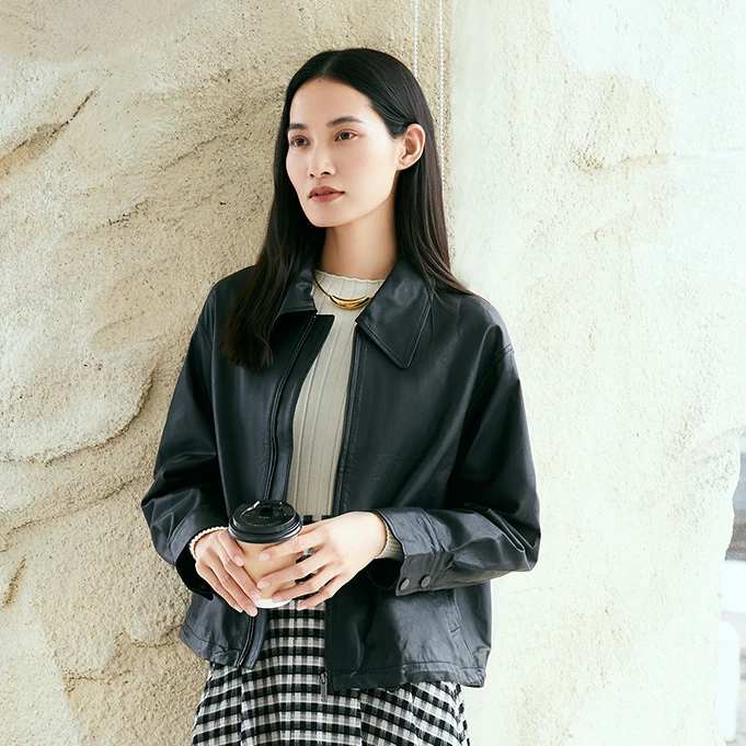 INSUN恩裳专选秋季简约翻领百搭绵羊皮皮衣9C64309030