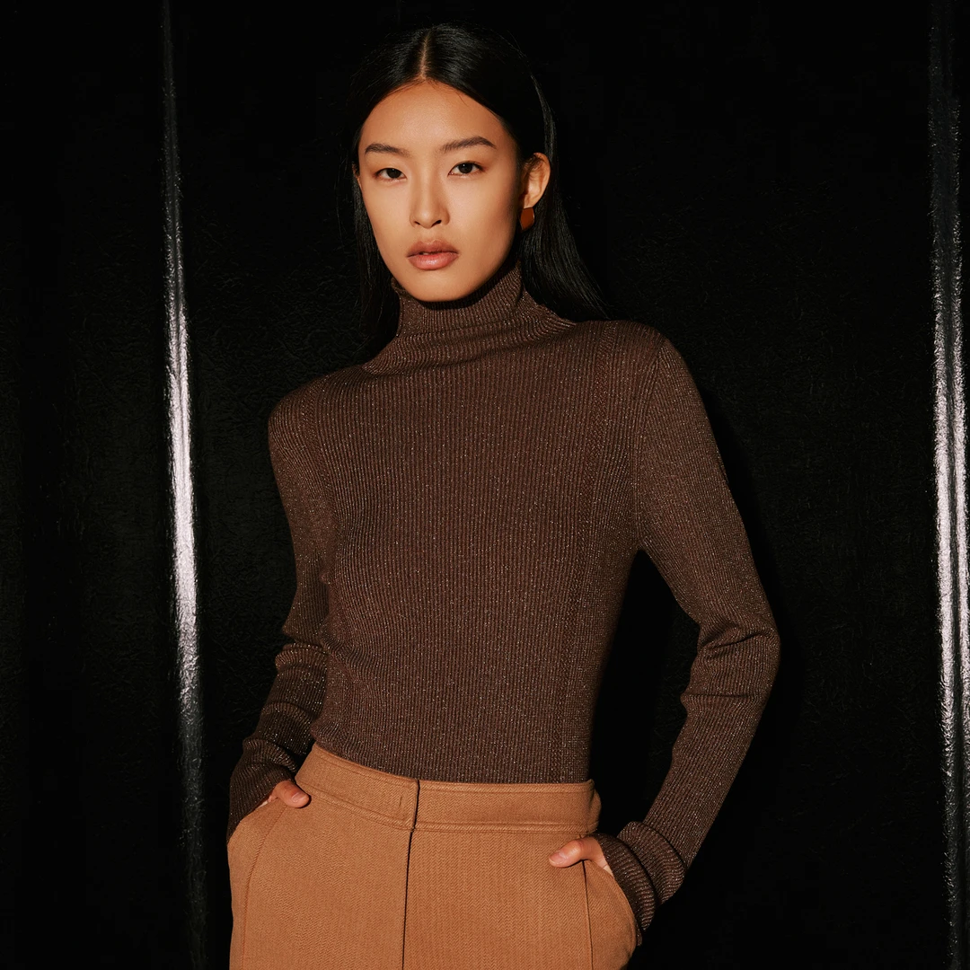 COVERINS秋冬时尚气质镂空装饰边高领打底衫金葱针织衫CC33506060