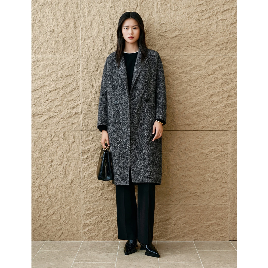 INSUN恩裳专选冬季经典平驳领格雷系毛呢大衣9C64580200