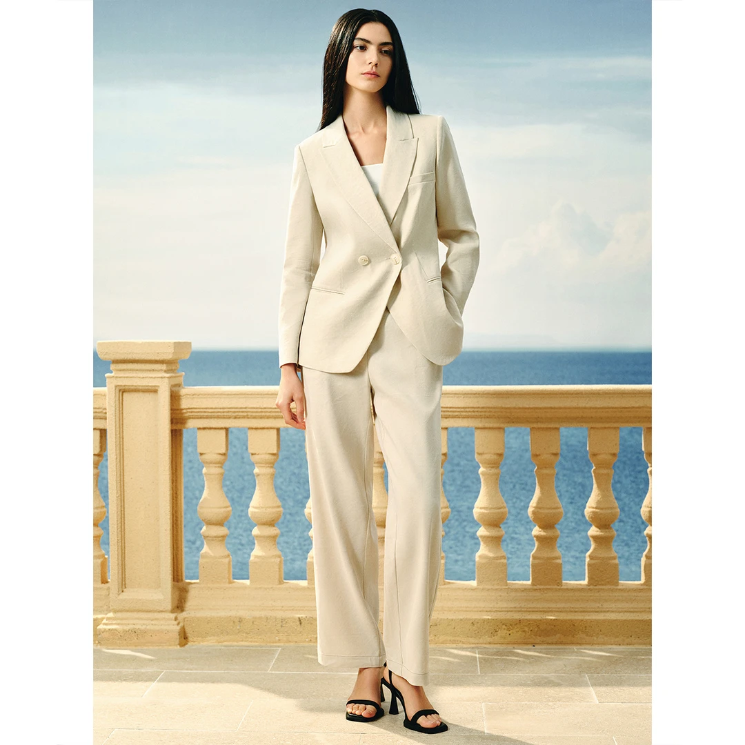 INSUN恩裳2024春款亚麻混纺枪驳领廓形西装9C64110140