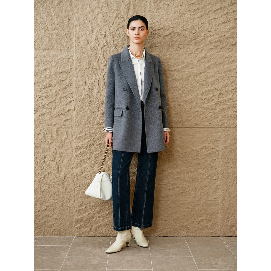 INSUN恩裳2024冬季经典气质时尚西装款双面呢中长大衣9C64580060