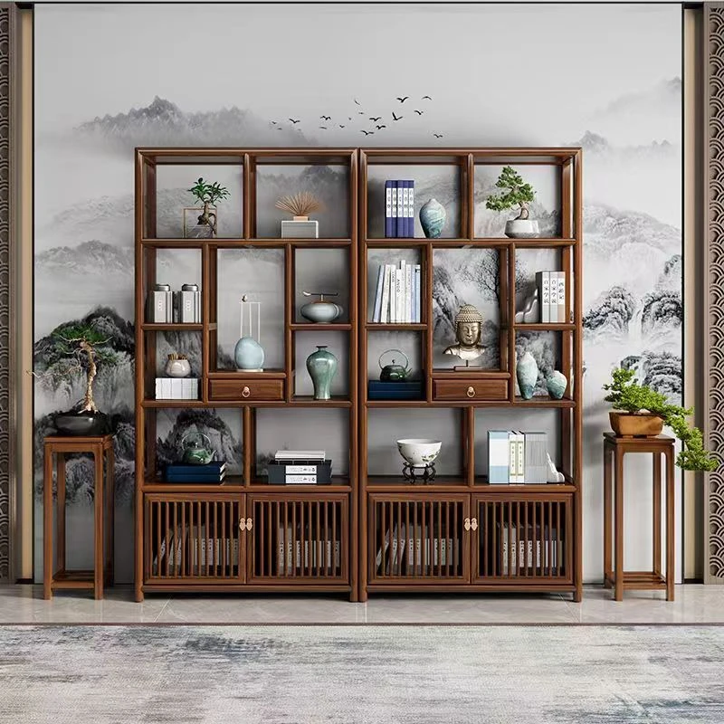 博古架实木新中式多宝阁榆木茶叶展示柜客厅古董隔断置物架陈列柜