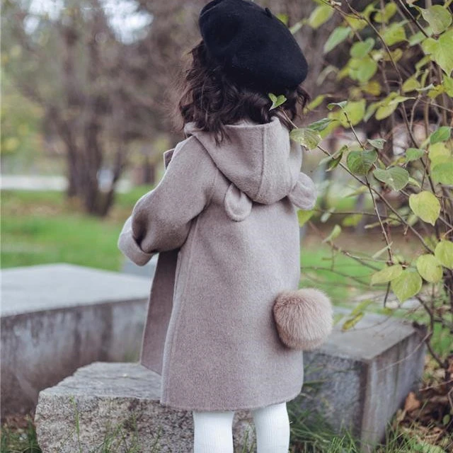 女童冬季毛呢大衣2022新款棕色可爱加厚双面双色带帽加绒毛呢大衣
