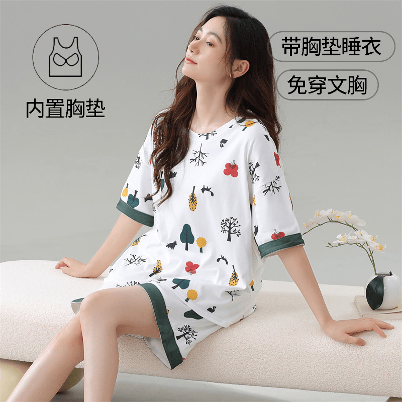 带胸垫睡衣女套装夏季短袖短裤薄款卡通大码少女宽松可外穿家居服