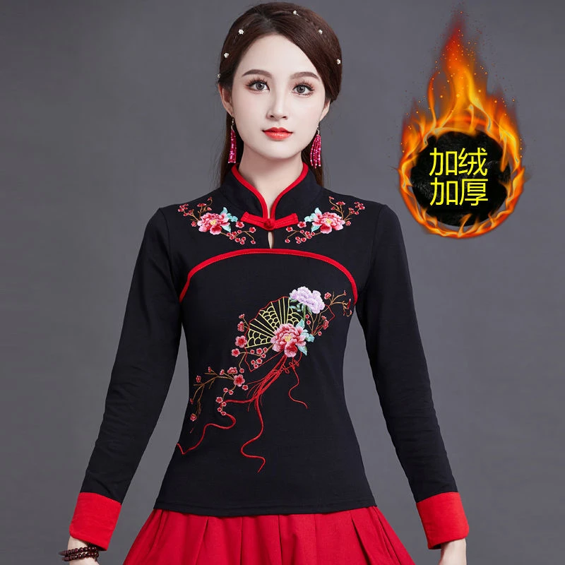s秋冬新款加绒加厚民族风女装长袖绣花t恤 盘扣中国风刺绣女打底