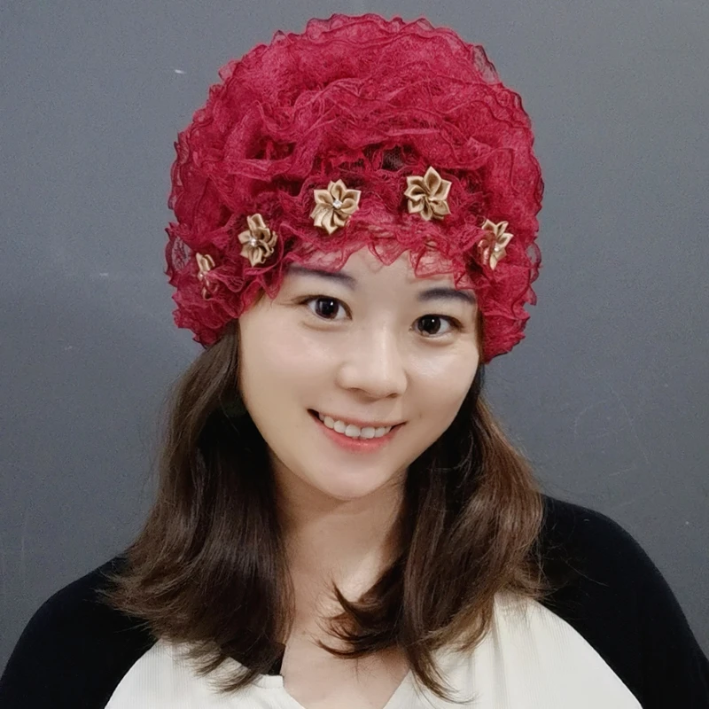 2023新款夏季薄款蕾丝花边花朵包头帽女士遮白发帽子