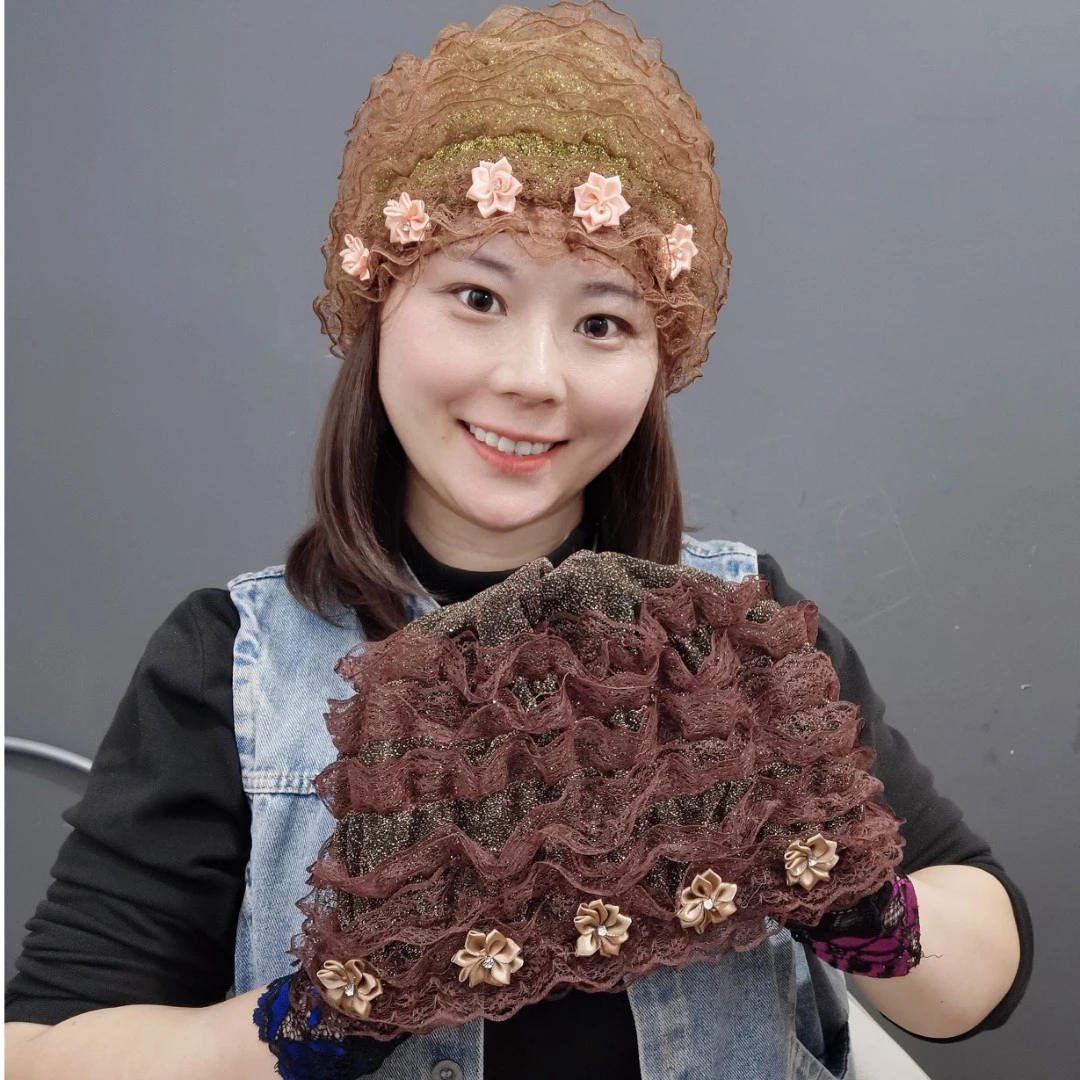 七层花边五朵小花包头帽