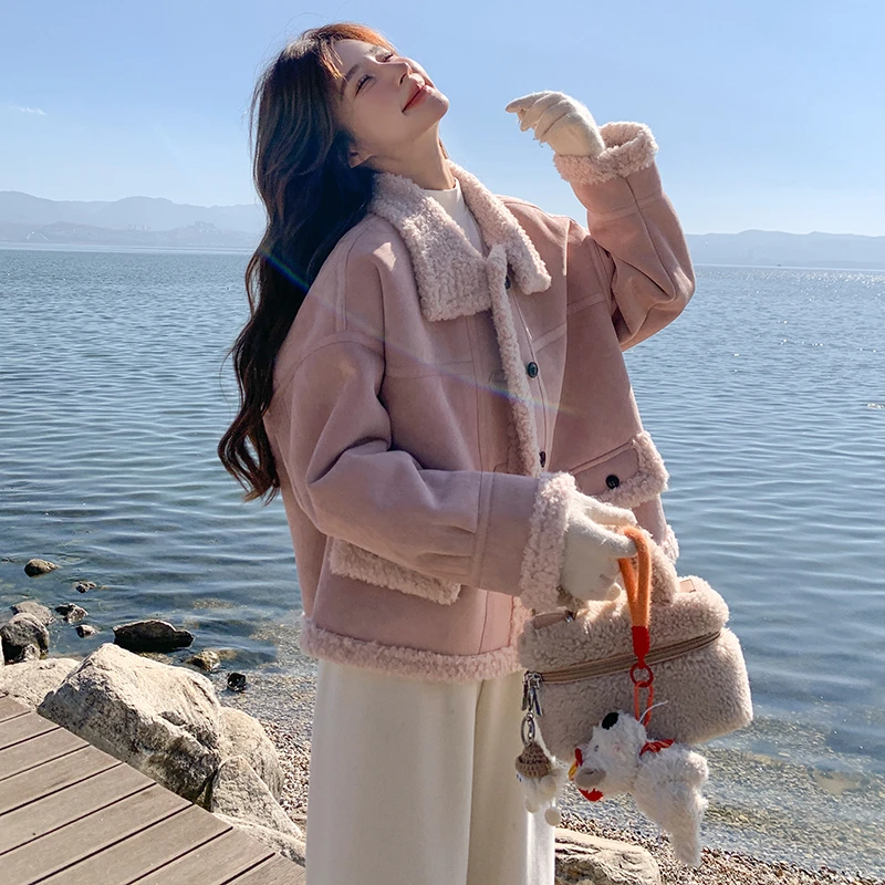 粉色皮毛一体冬季新款小个子宽松加厚保暖韩百搭休闲羊羔毛短外套