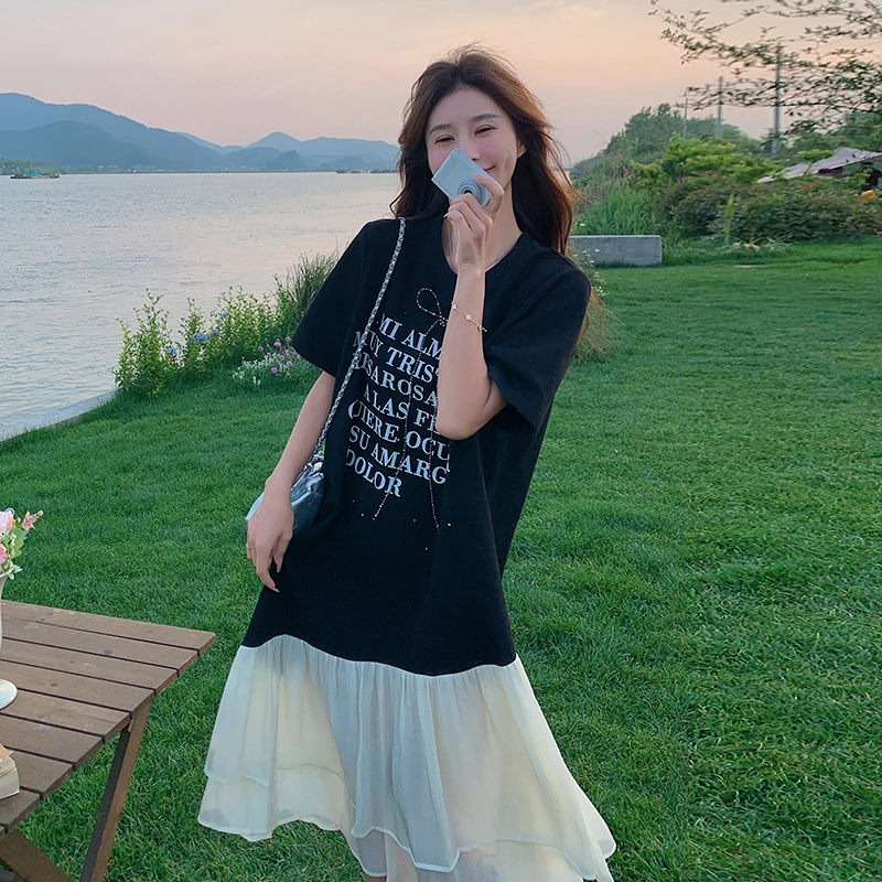 夏季显瘦宽松慵懒韩版连衣裙中长款百搭印花韩版黑色拼接设计感