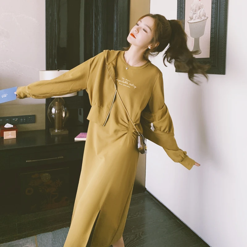 春秋显瘦长袖宽松中长款时尚外穿韩版卫衣套装裙针织两件套短外套