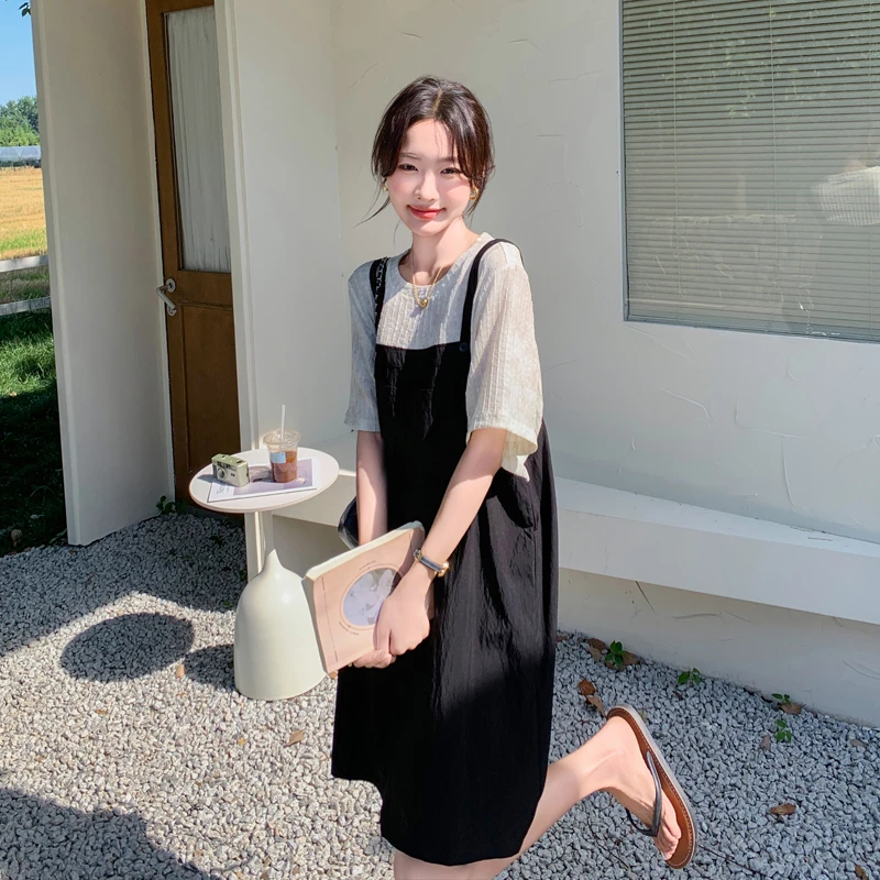 设计感拼色假两件背带连衣裙女夏季韩版宽松遮肉显瘦气质T恤裙子