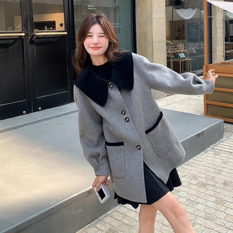 小个子毛呢外套女宽松显瘦冬季中长款百搭气质撞色学院风呢子大衣