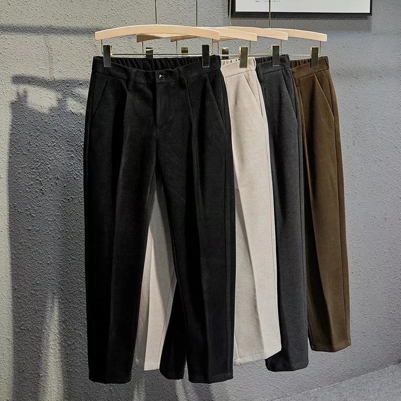 秋冬季韩版加厚休闲毛呢九分西裤男士修身商务西装裤松紧腰小西裤