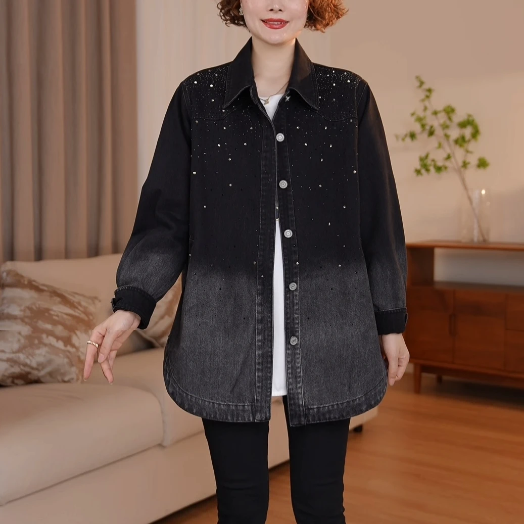 【现货】烫钻渐变牛仔外套女秋季休闲宽松大码胖妹妹春秋女士上衣