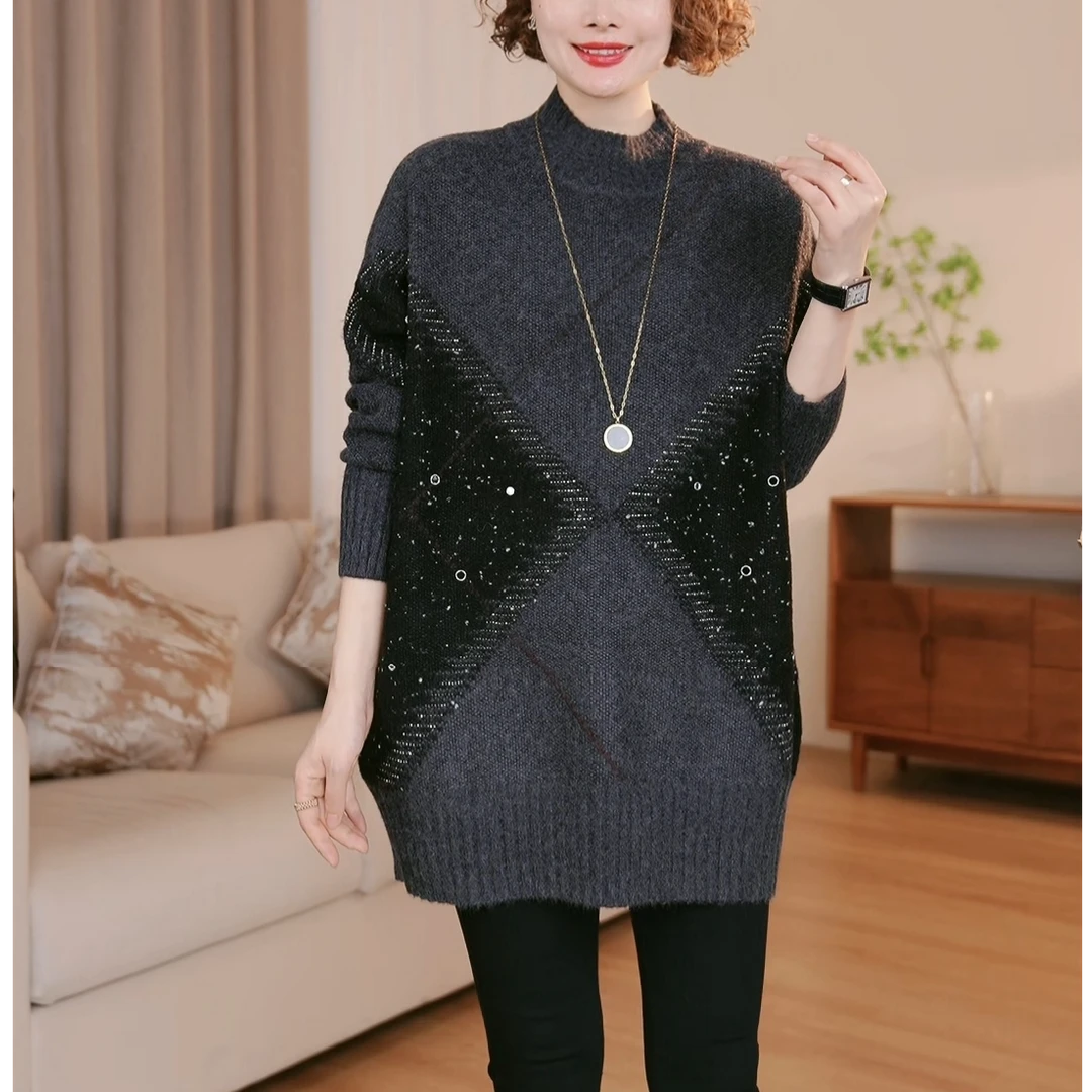 【】欧洲站毛衣女秋冬中长款大码半高领外穿打底针织衫上衣