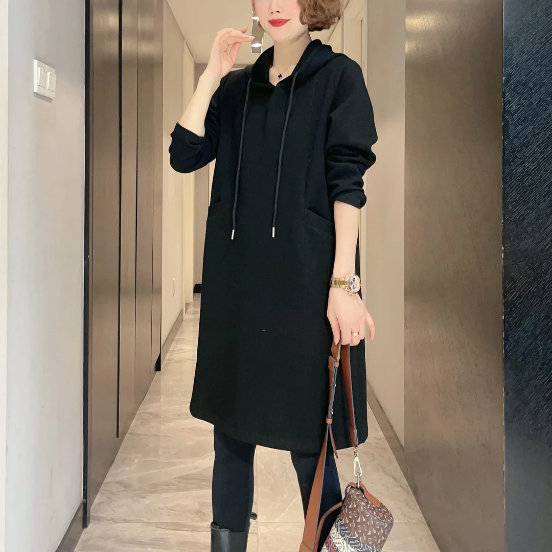 【现货】欧洲站休闲卫衣女连帽大码连衣裙胖mm遮肚子显瘦帽衫