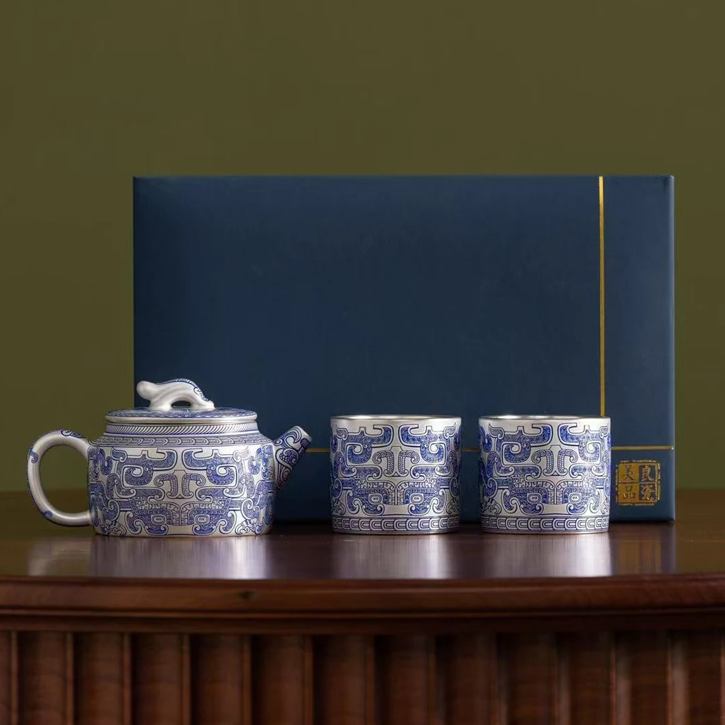 秋香茶具 瓷胎包银汉瓦一壶两杯茶壶套装-4997