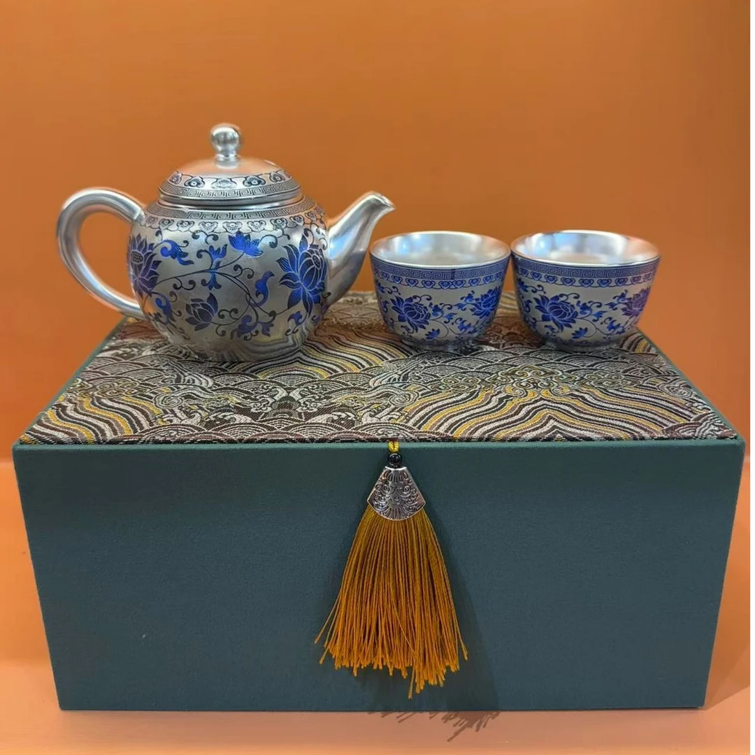 秋香茶具 缠枝莲瓷胎包银一壶两杯套装家用功夫茶具-2096