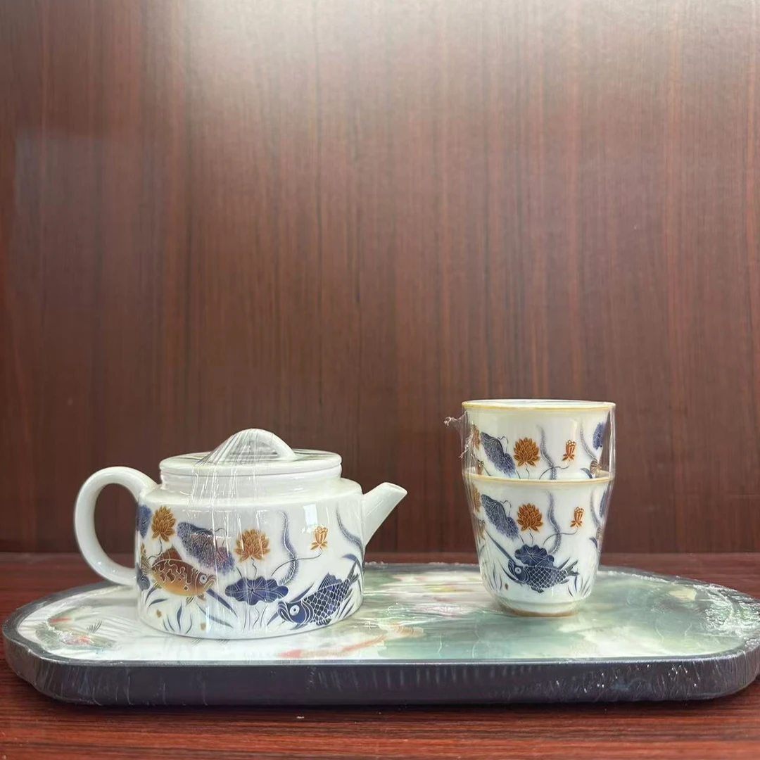 秋香茶具  羊脂玉瓷鱼藻纹汉瓦壶家用简约大容量泡茶壶-2069