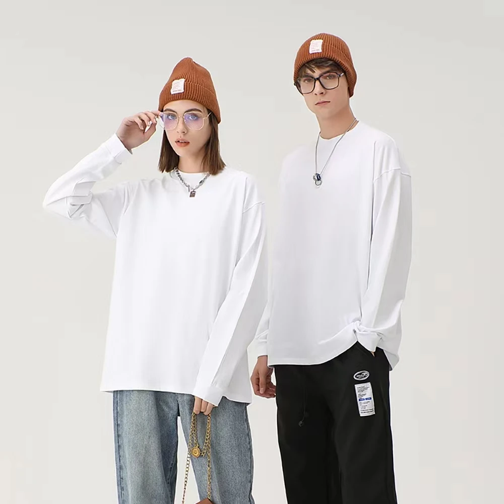 【简衣零】男女同款纯棉圆领长袖T恤纯色宽松螺纹袖口情侣打底衫