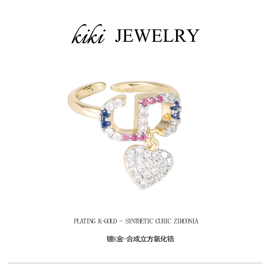 铜合金合成锆石戒指 气质轻奢时尚爱心戒指可调节 R0001