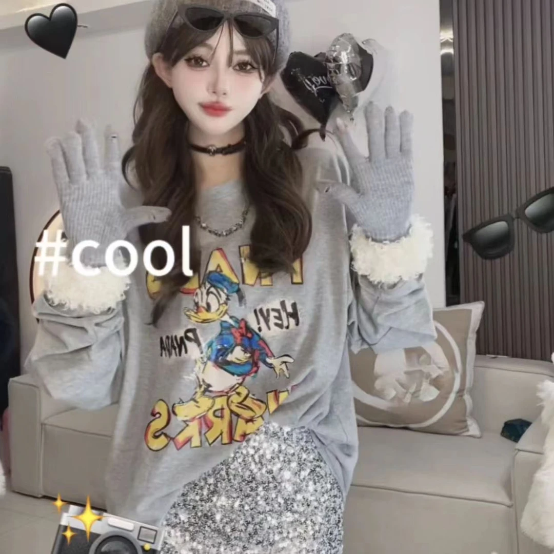 【唐老鸭T恤】字母印花中长款宽松显瘦长袖T恤