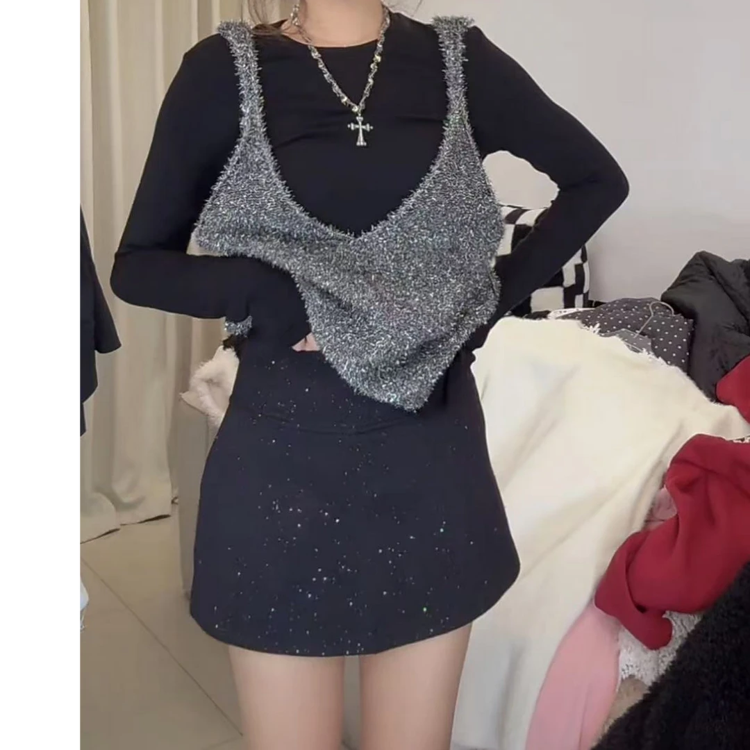 闪闪亮片高腰防走光裙裤女2024年冬季新款韩版百搭包臀裤裙