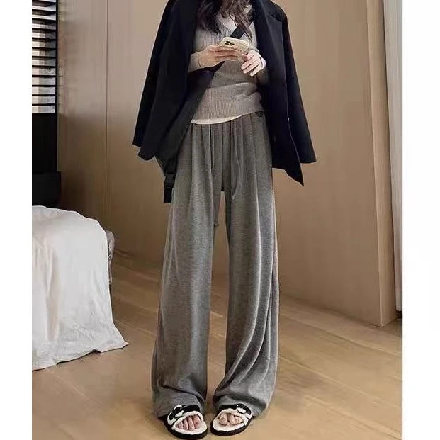 慵懒风松紧腰休闲裤女2024秋冬新款宽松阔腿裤直筒裤拖地长裤