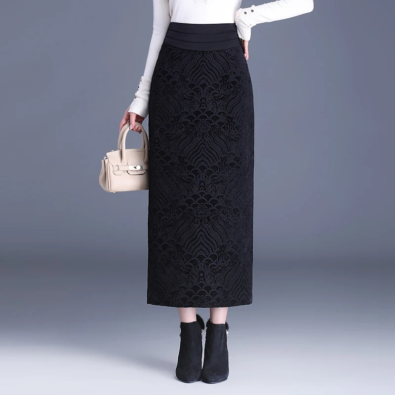 西装提花半身裙女2025秋冬新款高腰包臀裙中长款气质开叉一步长裙