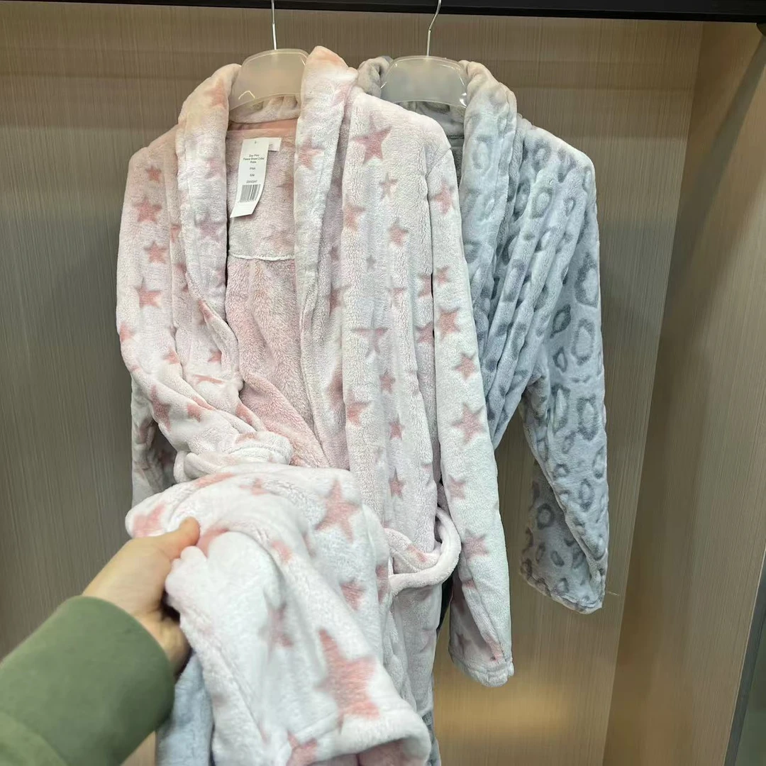 大码女装尾货外贸翻领系带星星 睡袍系带法兰绒浴袍睡衣