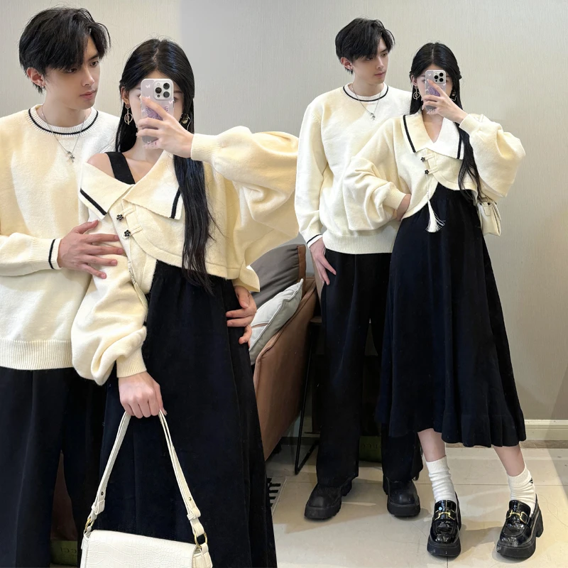 秋冬情侣装裙子款一裙一衣新中式针织衫不规则短上衣吊带裙两件套