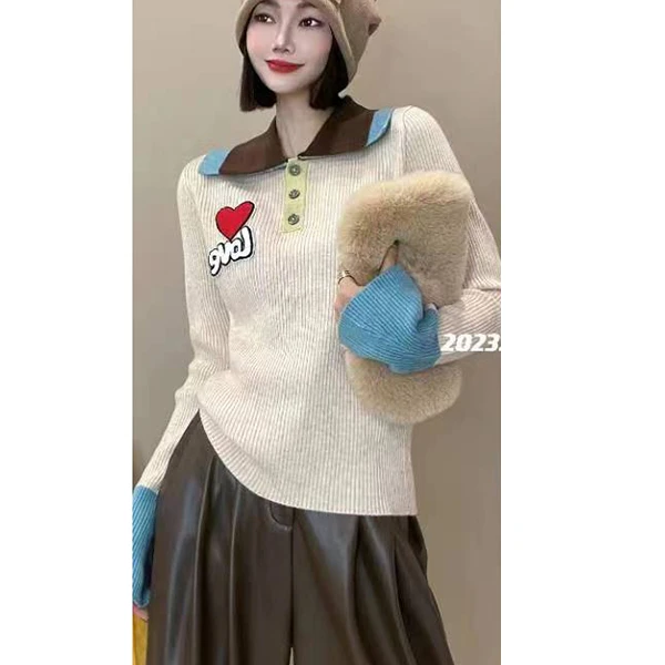 【赵方俊子专属】复古贴标爱心拼色Polo领针织衫