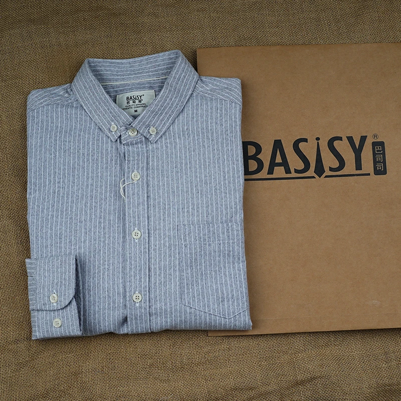 灰底白条长袖全棉磨毛男衬衣男装休闲百搭秋季衬衫138