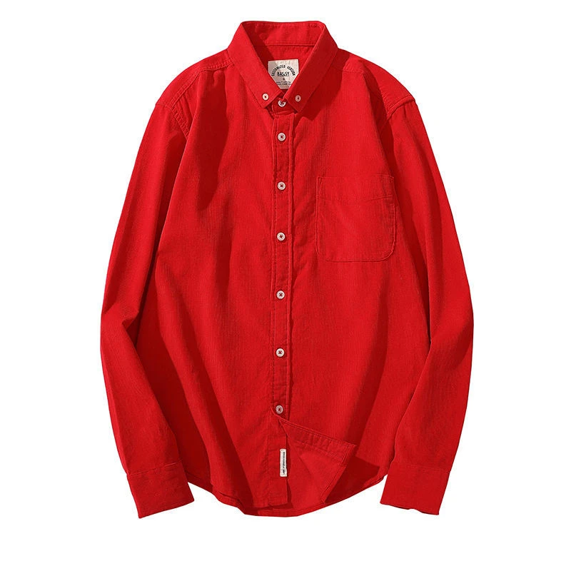 纯棉大红色灯芯绒长袖款男衬衣男装休闲百搭纯色秋季衬衫518