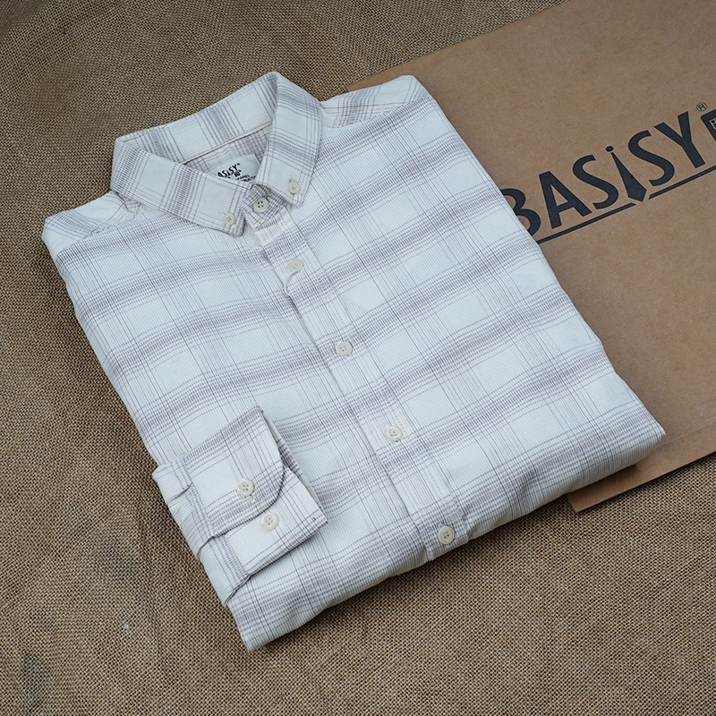 巴司司衬衫灯芯绒米白大格衬衫男长袖纯棉休闲方格衬衣357