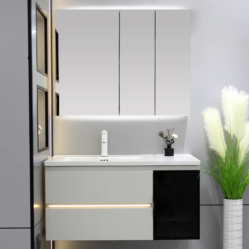 松弛感橡木烤漆现代简约风橡胶木智能浴室柜组合陶瓷一体盆