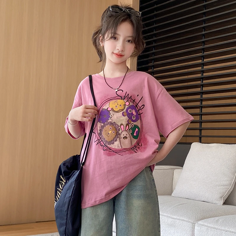 女童夏季短袖T恤卡通中大女孩儿童洋气时髦半袖夏装潮P上衣服8岁9